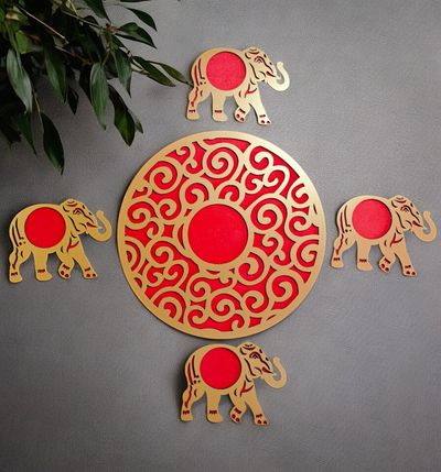 House Of Festivals MDF Elephant Rangoli - Red | 15 inch