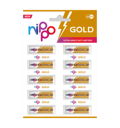 Nippo 3DG Gold AA Battery | 1.5 V | Leakproof | For Toys, Remotes, Clocks, Wireless Mouse - Pack of 10