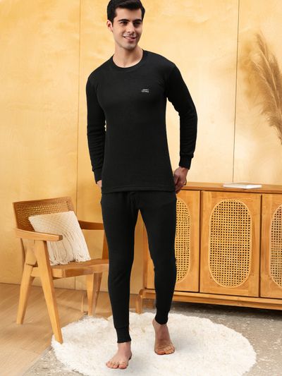 Lux Cottswool Men's Full Sleves Round Neck Thermal Top And Bottom Set | Black| 80 cm