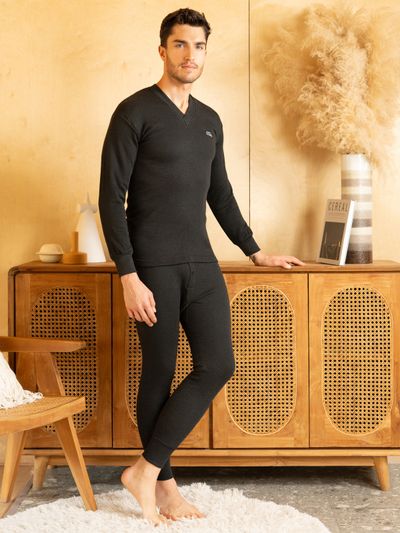 Lux Cottswool Men's Solid Thermal Set | Black - XL