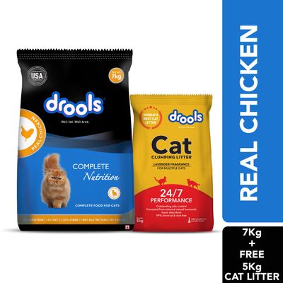 Drools Dry Adult Cat Food Real Chicken 7kg with 5kg Drools Cat Litter Free
