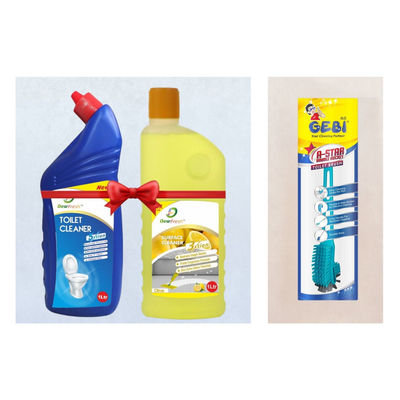 Dew Fresh Toilet Cleaner 1L + Citrus Surface & Floor Cleaner 1L (Combo Pack)(2l) & Gebi Sparkle Plus A Star Double Hockey Toilet Brush (Assorted)(1pc) Combo