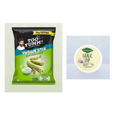 Too Yumm! Sour Cream & Onion Veggie Stix | Munching Snack | On-The-Go Munchies(75gms) & Wingreens Garlic Dip(150gms) Combo