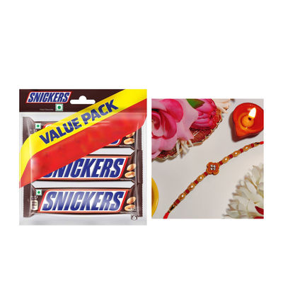 Snickers Peanut Filled Chocolate Bar Loaded With Delicious Roasted Peanuts(135gms) & Moti Dori Rakhi With Flower Design In Centre(1pc) Combo
