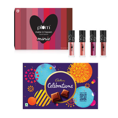 Plum Matte In Heaven Liquid Lipstick Minis(6ml) & Cadbury Celebrations Assorted Chocolate Rakhi Gift Pack(178.8gms) Combo