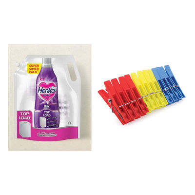 Henko Matic Liquid Detergent Top Load(2l) & Civic Plastic Cloth Hanging Clips Set Of 12 Pieces (Assorted)(12pc) Combo