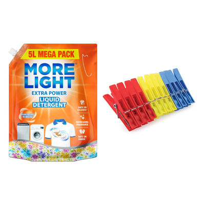 More Light Liquid Detergent Pouch(5l) & Civic Plastic Cloth Hanging Clips Set Of 12 Pieces (Assorted)(12pc) Combo