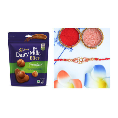 Cadbury Dairy Milk Bites- Chocolate Hazelnut(40gms) & Aurum Small Diamond Rakhi With Multiple Beads(1pc) Combo
