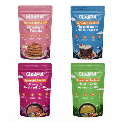 Gladful Strawberry Pancake Jowar and Oats Mix(150gms), Gladful Choco Pancake Sprouted Millets and Masoor Mix(150gms) & Gladful Beetroot Protein Sprouted Lentils and Millets Instant Chilla Mix(200gms) Gladful Spinach Protein Sprouted Lentils and Millets Instant Chilla Mix(200gms) Combo