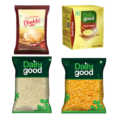 Daily Good Sona Masoori Steam Rice(5kg), Daily Good Unpolished Toor / Tur / Arhar Dal(500gms) & Daily Good Desi Ghee(450ml) & Chakki Atta(5kg) Combo