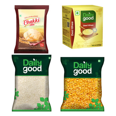 Daily Good Kurnool Sona Masoori Steam Rice(5kg), Daily Good Unpolished Toor / Tur / Arhar Dal(500gms) & Daily Good Desi Ghee(450ml) & Chakki Atta(5kg) Combo
