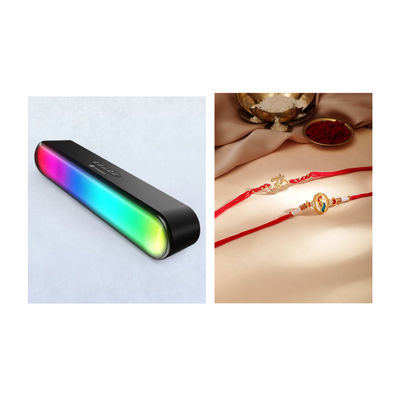 Portronics Decibel 23 16W Soundbar - Led Lights | 5 Hrs Play Time(1pc) & Rubans Gold Toned Set Of 2 Om And Peacock Motif Stone Studded Rakhi(2pc) Combo