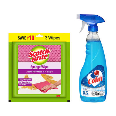 Colin Glass and Surface Cleaner Liquid Spray Regular 500 ml & Scotch Brite Sponge Wipes 3 pc Combo