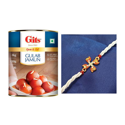 Gits Gulab Jamun Open & Eat (Tin)(1kg) & Gold Metal Swastik In Minakari With Twisted 3 Line Moti Rakhi For Brother(1pc) Combo