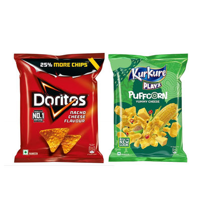 Kurkure Yummy PuffCorn Yummy Cheese Chips 55 gms & Doritos Nacho Chips - Cheese Flavour 44 gms Combo