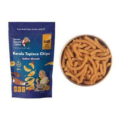 Sweet Karam Coffee Indian Masala Tapioca Chips 65.0 Gram(65gms) & Sweet Karam Coffee Garlic Murukku Sticks 95.0 Gram(95gms) Combo
