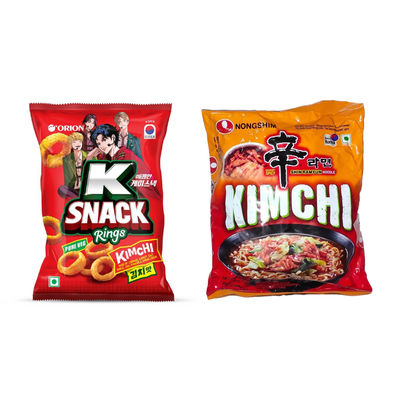 Orion K Snack Rings Kimchi Flavour(70gms) & Korean Nongshim Kimchi Ramyun Noodle Soup(120gms) Combo
