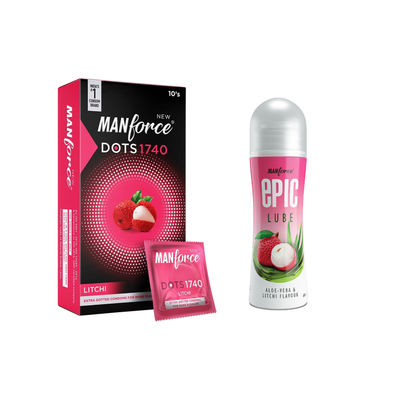Manforce Extra Dotted (1740 Dots) Litchi Flavoured Condoms(10pc) & Manforce Epic Lube - Aloe-Vera & Litchi(60ml) Combo