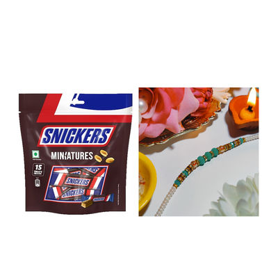 Snickers Miniatures Peanut Chocolate Bar(180gms) & Beautifully Weaved Moti Rakhi In Pastle Green & White Color(1pc) Combo