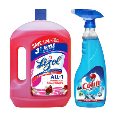 Lizol Disinfectant Surface & Floor Cleaner Liquid, Floral(2l) & Colin Glass Cleaner Pump 2X More Shine With Shine Boosters(500ml) Combo