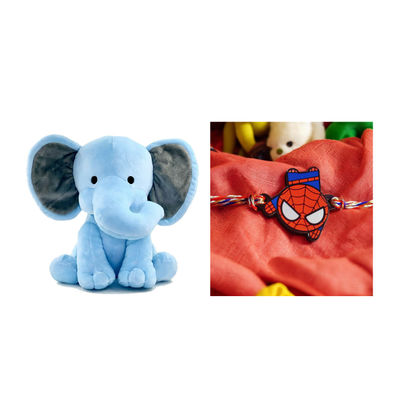 Babique Elephant Sitting Plush Soft Toy Cute Kids Animal Home Decor Boys/Girls (Blue, 30 Cm)(1pc) & Spiderman Upside Down Pendant Rakhi | Official Disney Merchandise | House Of Festivals(1pc) Combo