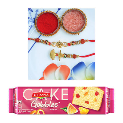 Britannia Gobbles Cake Fruity Fun(110gms) & Aurum Rakhi Lumba With Ganpati(1pc) Combo