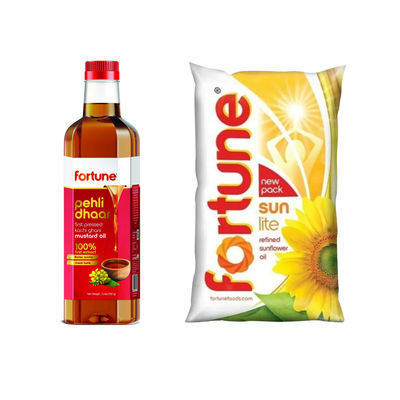 Fortune Pehli Dhaar First Pressed Kachi Ghani Mustard Oil Pet Bottle(1l) & Fortune Sunlite Refined Sunflower Oil (Pouch)(1l) Combo