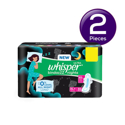 Whisper Bindazzz Nights 30 XXL Sanitary Pads, Upto 0% Leaks All Night Long 30 pc Combo