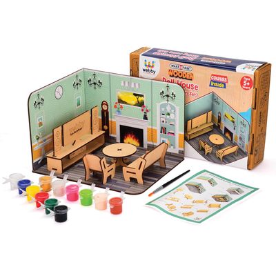 Webby Kids DIY Wooden Drawing room Doll House with Furniture and Colour Kit for Girls and Boys