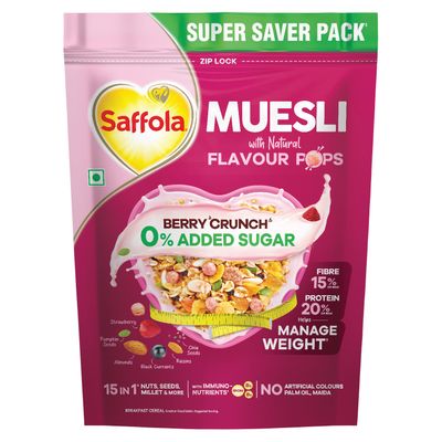 Saffola Muesli 0% Added Sugar Berry Crunch With Flavour Pops | Helps Manage Weight