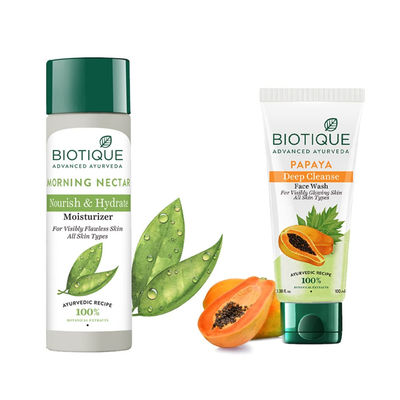 Biotique Morning Nectar Nourish & Hydrate Moisturizer(120ml) & Biotique Papaya Deep Cleanse Face Wash(100ml) Combo