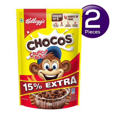 Kellogg's Chocos Crunchy Bites | Source of Calcium & Fibre, High in Protein | Kids Breakfast cereal 375 g Combo