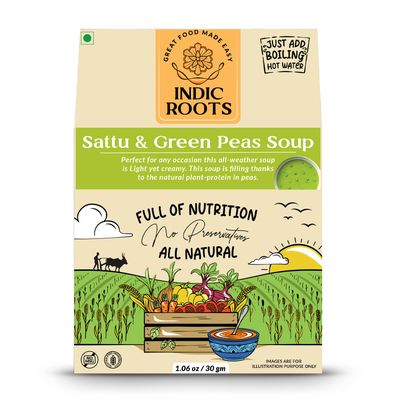 Indic Roots Sattu and Green Peas Soup
