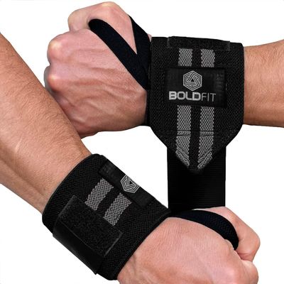Boldfit Wrist Support Band,Wrist Band,Gym Support Band,2 Stripes Printergreyb/Black