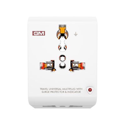 GM 3012 3 Pin Travel Universal Multi Plug Adaptor with Surge Protector and Indicator White