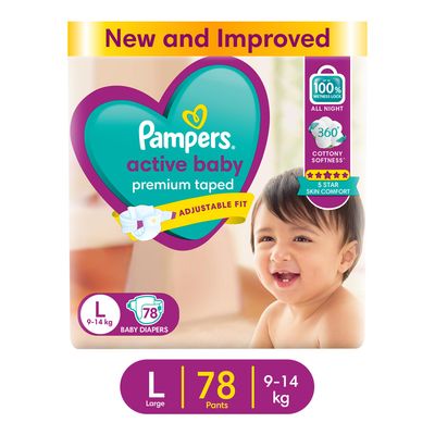Pampers Active Baby Diaper Taped L For Kids | White | L (9 - 14 kg)