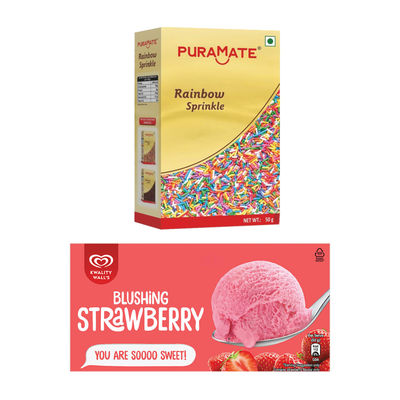 Kwality Wall'S Frozen Dessert Strawberry Ice Cream(700ml) & Puramate Rainbow Sprinkle(50gms) Combo