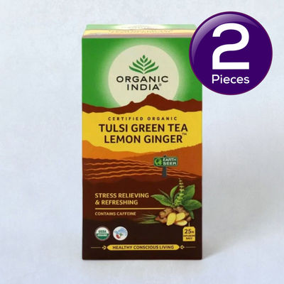 Organic India Tulsi Green Tea Bag Lemon Ginger 25 pc Combo