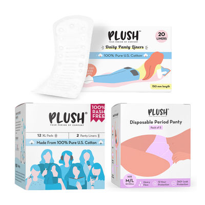 Plush Disposable Period Panty - M-L(5pc), Plush Ultra Thin Daily Panty Liners For Women 150Mm For Non Period Days Rash-Free(20pc) & Plush Sanitary Pads - XL + 2 Panty Liner(12pc) Combo