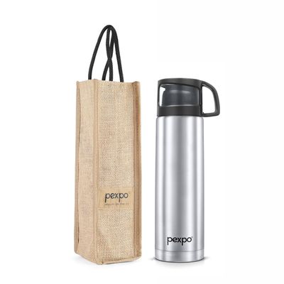 Pexpo Fererro ISI Certified Vacuum Insulated Hot/Cold Steel Flask With Jute Bag - 1.5 L | Silver