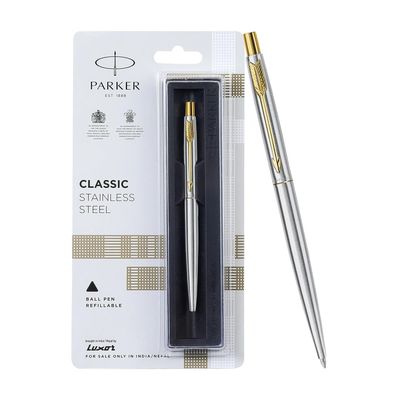 Parker Classic Stainless Steel Gold Trim Ball Pen| Ink Color - Blue | Corporate Gift