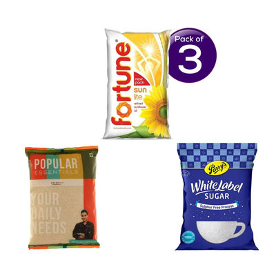 Fortune Sunlite Refined Sunflower Oil (Pouch) 1 l  * 3 & Popular Essentials Sona Masoori Steam Rice 5 kg with 1 kg Sugar Free