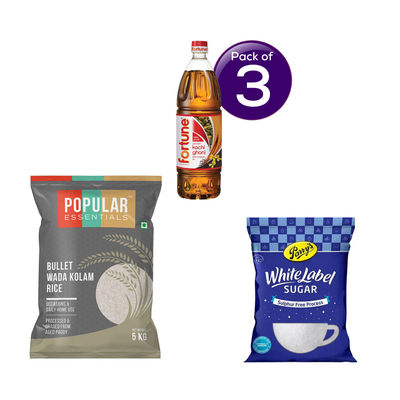 Fortune Kachi Ghani Mustard Oil (Bottle) 1 l * 3 & Popular Essentials Bullet Wada Kolam Rice 5 kg with 1 kg Sugar Free