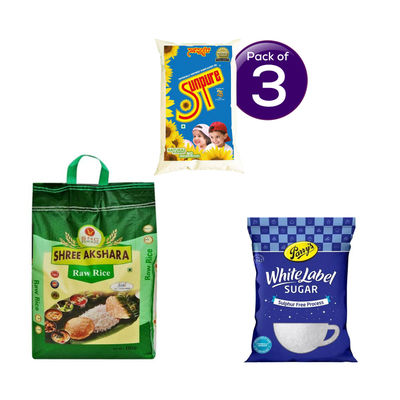 Sunpure Refined Sunflower Oil (Pouch) 1 l * 3 & Shree Akshara Premium Sona Masoori Rice (Raw) 10 kg with 1 kg Sugar Free