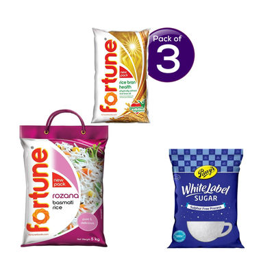 Fortune Rice Bran (Pouch) 1 l * 3 & Fortune Rozana Basmati Rice 5 kg with 1 kg Sugar Free