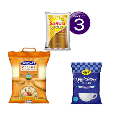 Saffola Gold Oil (Pouch) 1 l * 3 & Daawat Rozana Basmati Rice Super 90 5 kg with 1 kg Sugar Free