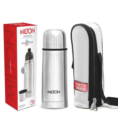 Milton Flip Lid Thermosteel 24 Hours Hot And Cold Water Bottle With Bag - 350 ml | Silver