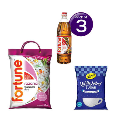 Fortune Kachi Ghani Mustard Oil (Bottle) 1 l * 3 & Fortune Rozana Basmati Rice 5 kg with 1 kg Sugar Free