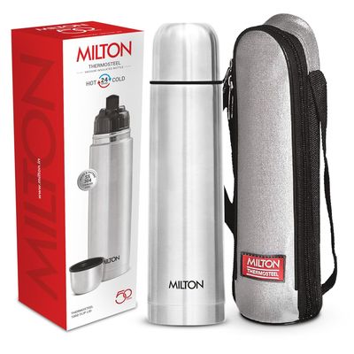 Milton Flip Lid Thermosteel 24 Hours Hot And Cold Water Bottle With Bag - 1 L | Silver
