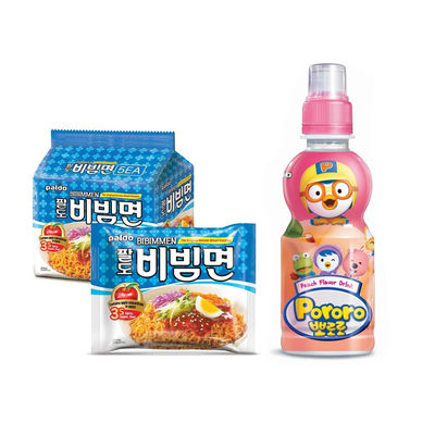 Paldo Bibimmen Spicy Korean Cold Noodles  (Pack Of 5)(650gms) & Pororo Korean Drink Peach Flavor(235ml) Combo